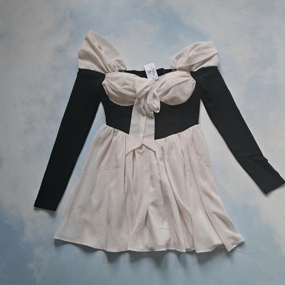 Coquette Black & Cream Off-Shoulder Dress Chiffon Feminine Mini Dress - Picture 2 of 16